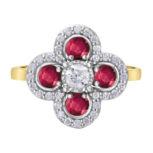 10K Yellow & White Gold Ruby and Canadian Diamond Cluster Ring