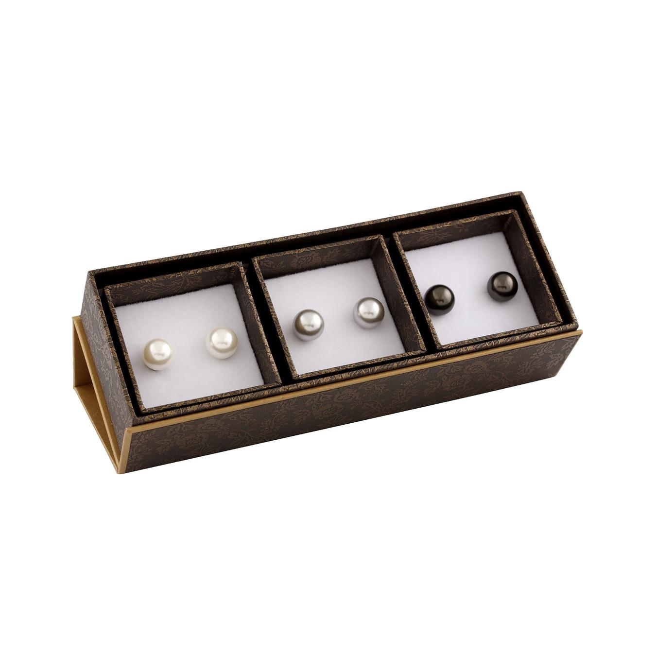Sterling Silver 9-9.5Mm White, Grey & Black Freshwater Pearl Earring Set