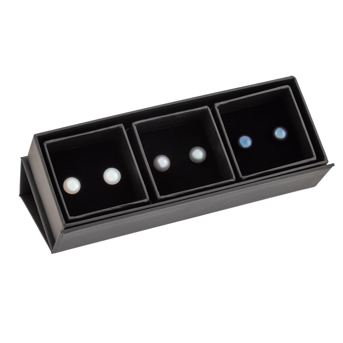 Sterling Silver 9-9.5Mm White, Grey & Black Freshwater Pearl Earring Set