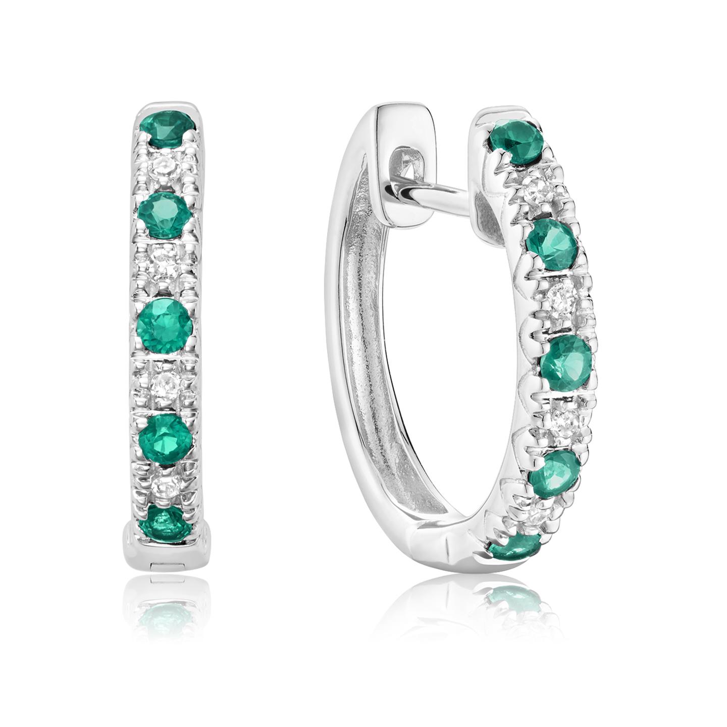 10K White Gold Emerald And 0.04Ctw Diamond Earrings
