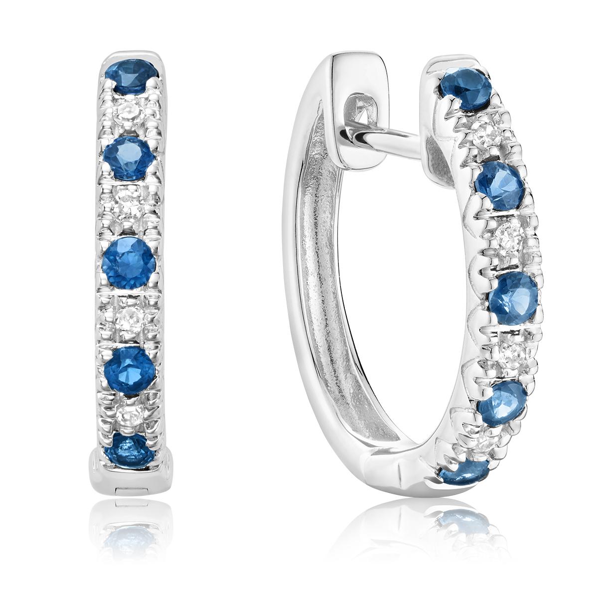 10K White Gold Sapphire & 0.04Ctw Diamond Hoop Earrings
