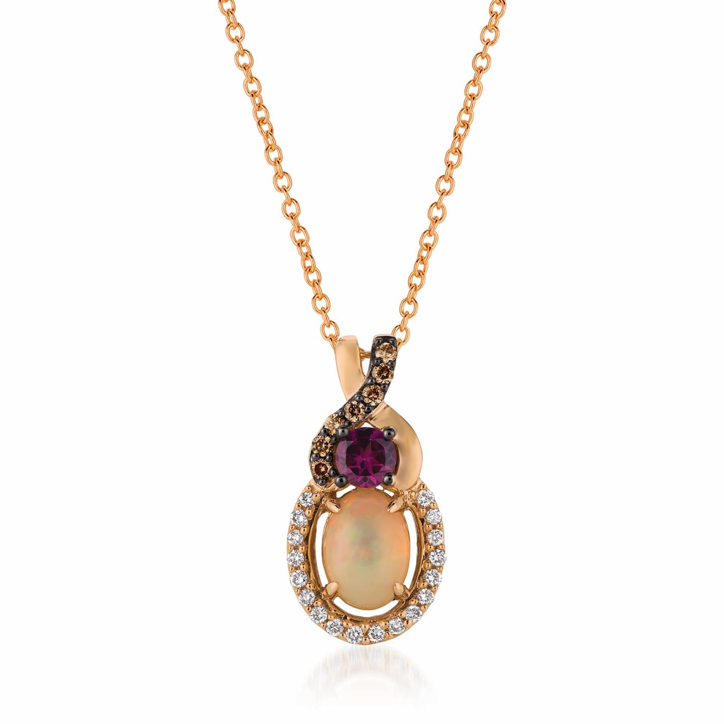 14K Strawberry Gold Neapolitan Opal Raspberry Rhodolite Diamond Pendant