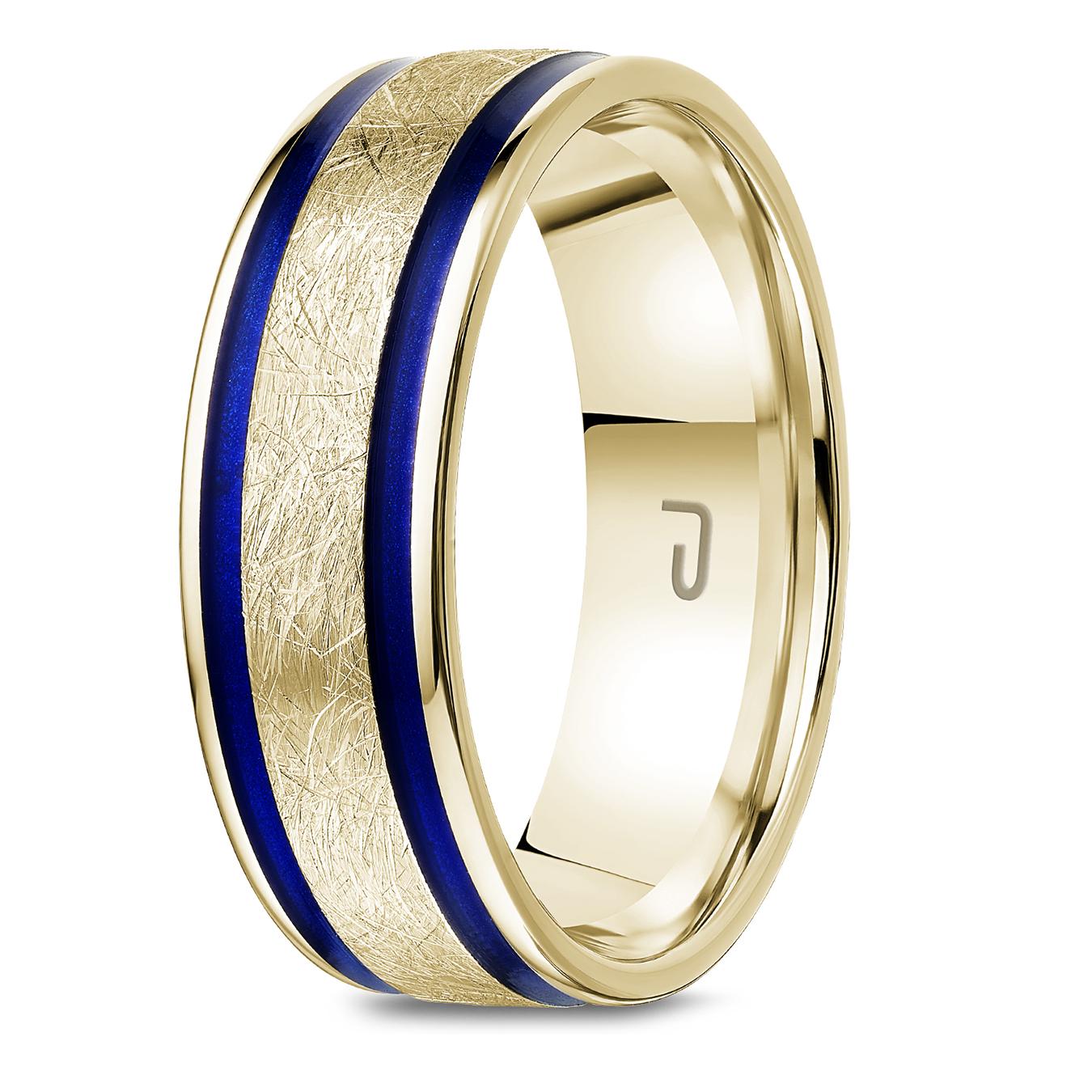 10K Yellow Gold 7mm Carved Band with Blue Enamel