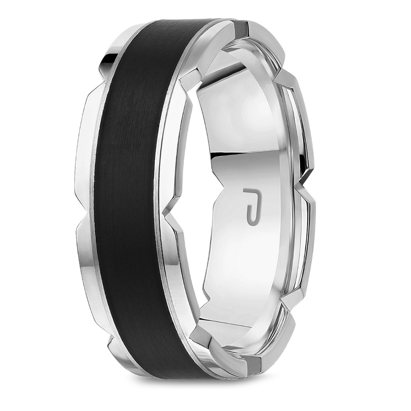 10K White Gold 7mm Carved Band with Black Enamel