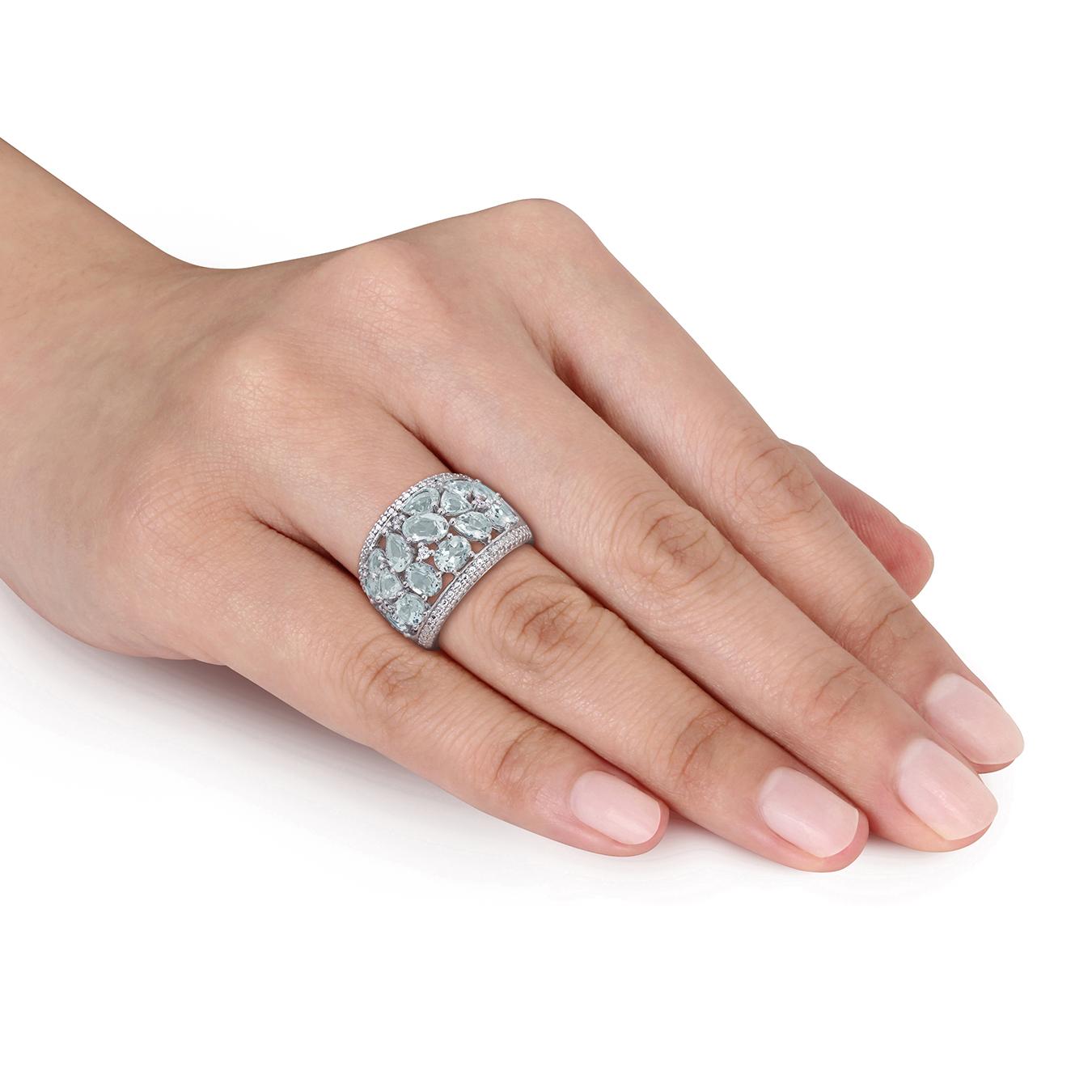 Julianna B Sterling Silver Aquamarine and Diamond Accent Wide Ring