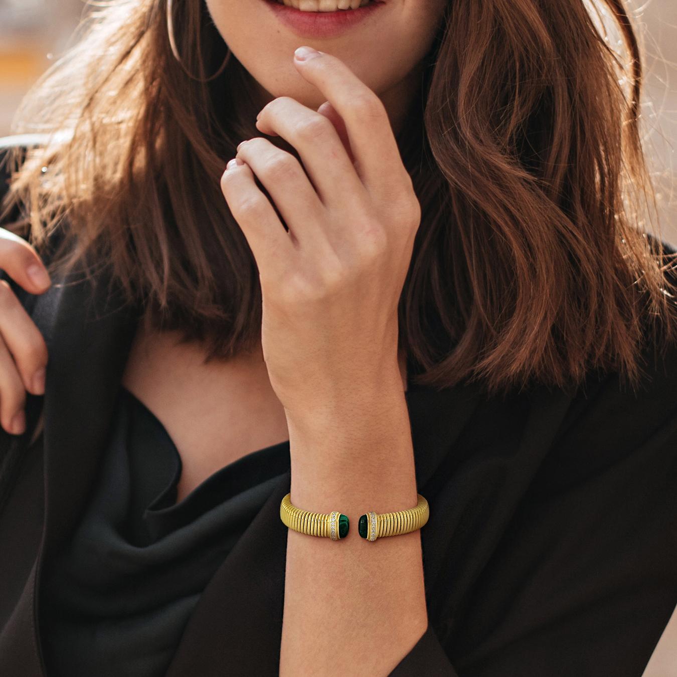 Julianna B Yellow Plated Sterling Silver Malachite & Cz Bangle