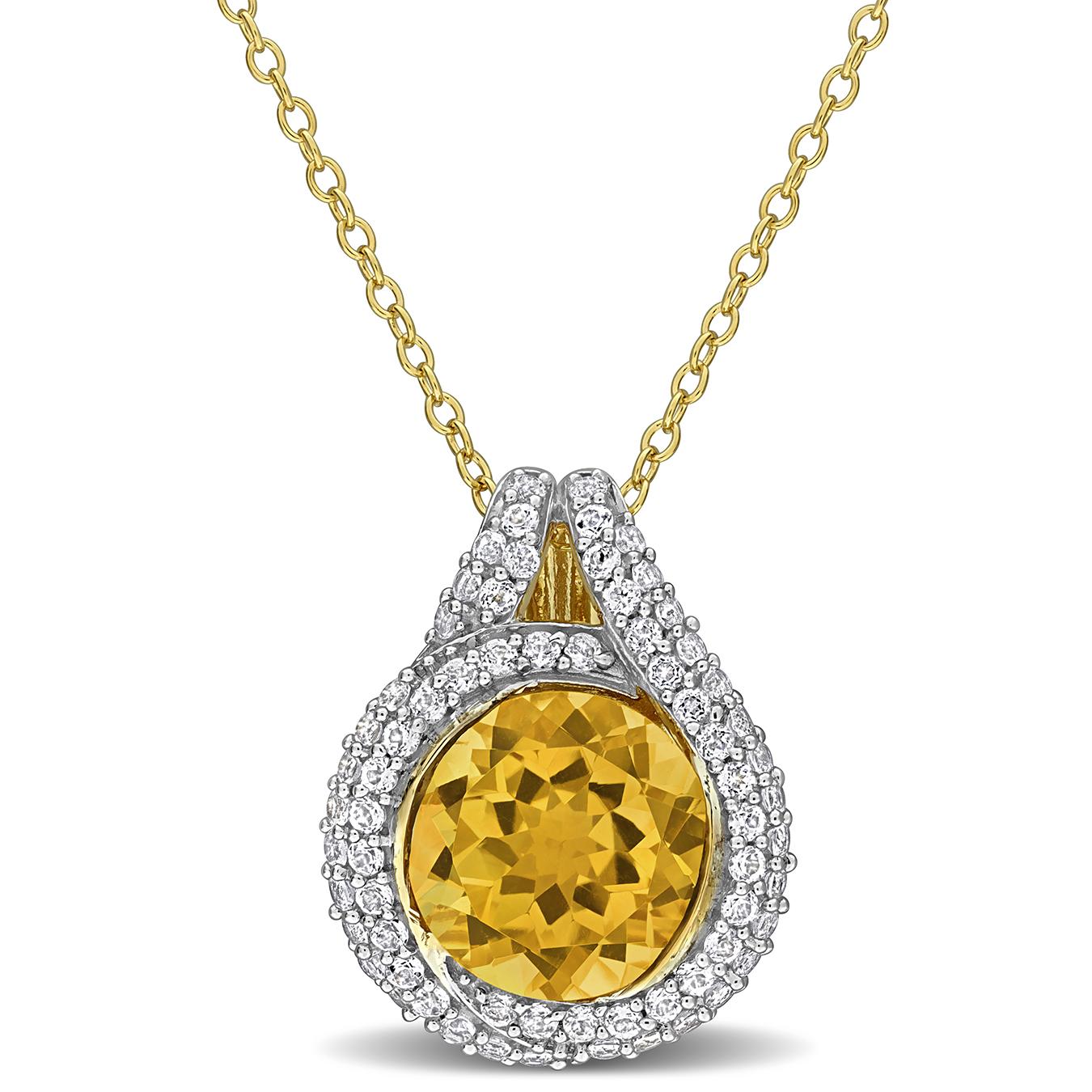 Julianna B Yellow Plated Sterling Silver Citrine & White Topaz Halo Pendant 17"