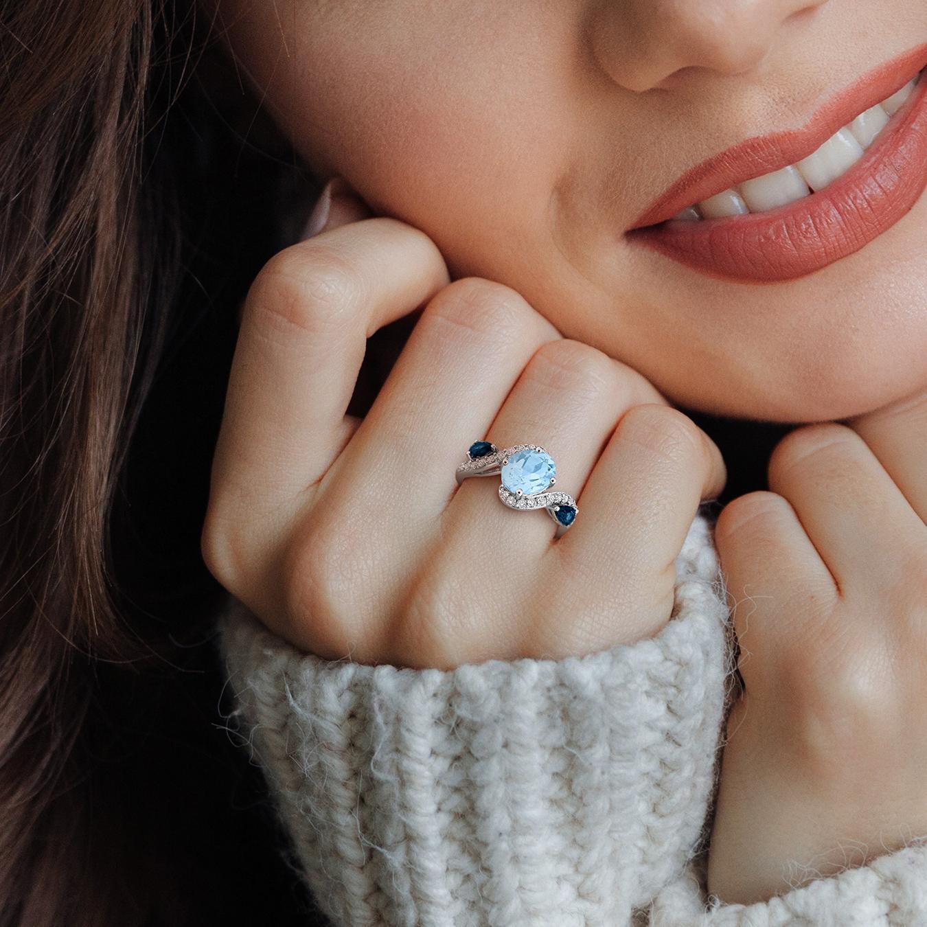 Julianna B Sterling Silver Sky & London Blue Topaz and White Swirl Ring