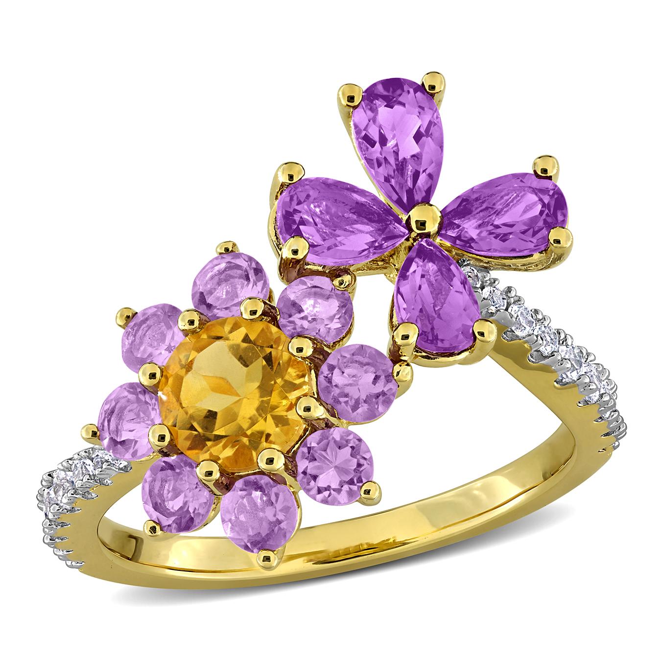 Julianna B Yellow Plated Amethyst & White Topaz Flower Ring