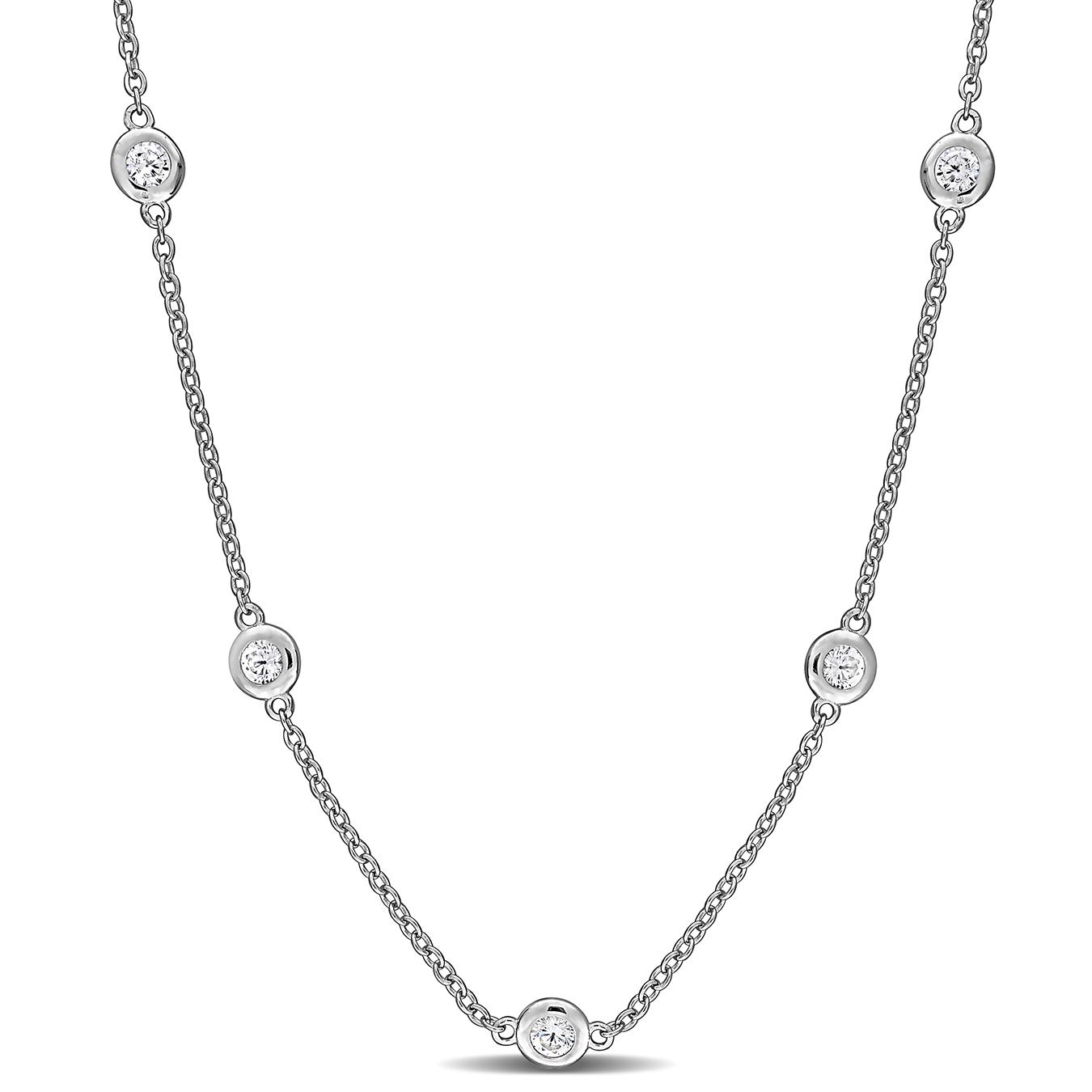 Julianna B Sterling Silver Created White Sapphire Station Necklace 16" + 2" Ext.
