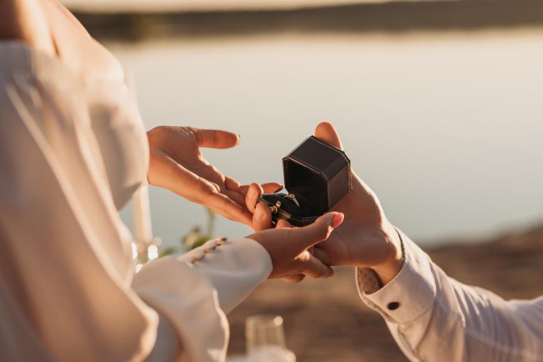 midsection pose man proposing to woman with ring 